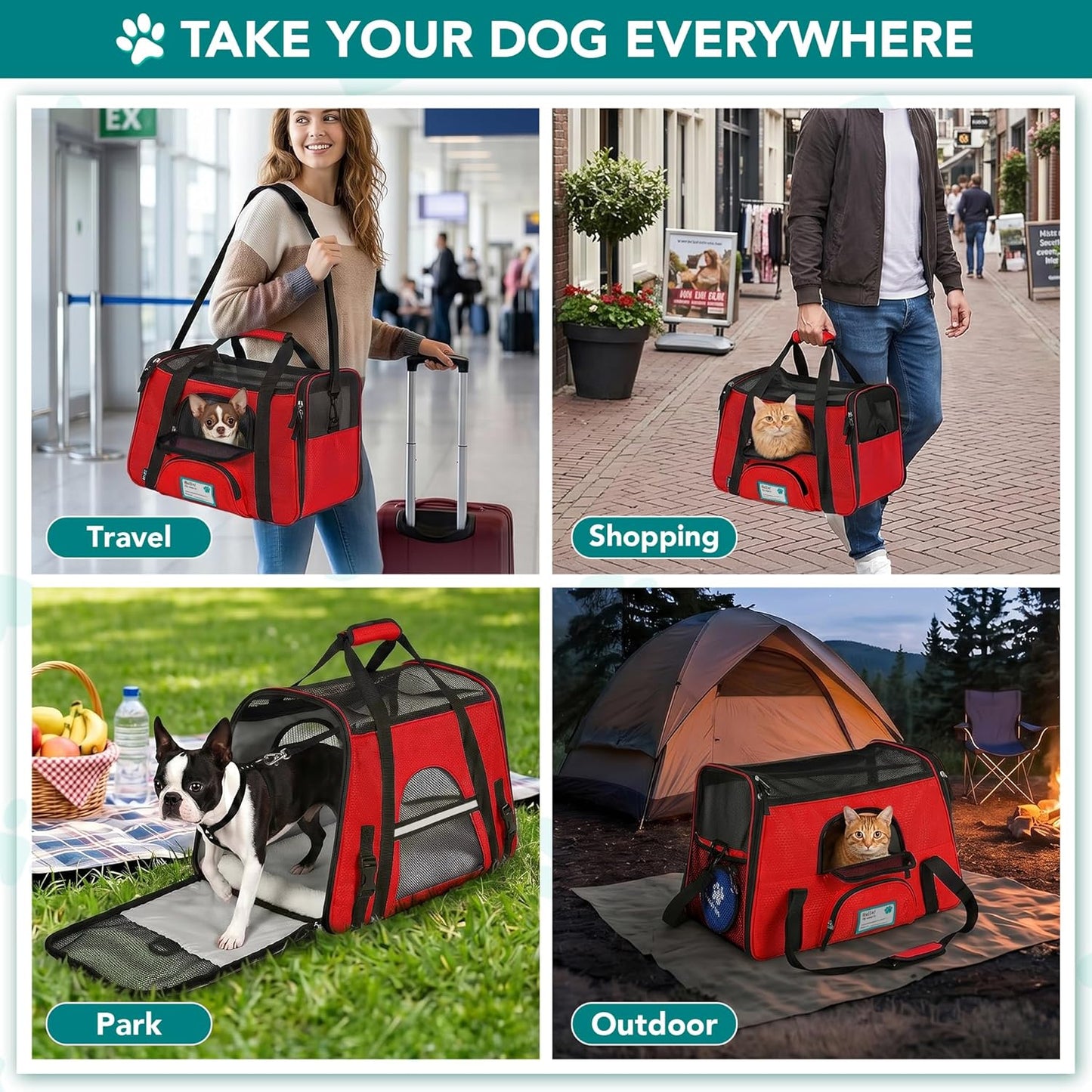 Airline Approved Pet Carrier for Cats & Small Dogs, Soft Sided TSA Travel Carrier Bag with Sherpa Bed, Breathable Mesh Ventilation, Collapsible Bowl, Fits under Seat, up to 18 Lbs, Small Red