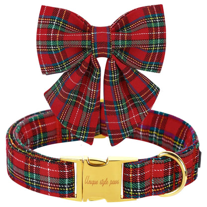 Festive Plaid Dog Collar with Bow Tie - Adjustable Christmas Scottish Tartan for Small to Large Dogs, Perfect Holiday Gift!