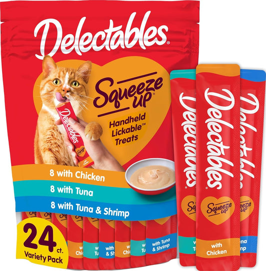 Squeeze up Variety Pack, Creamy Squeezable Puree, Lickable Wet Cat Treats, Grain Free, No Added Fillers, No By-Products, No Added Preservatives, 0.5 Ounces Tube, 24 Tubes Total