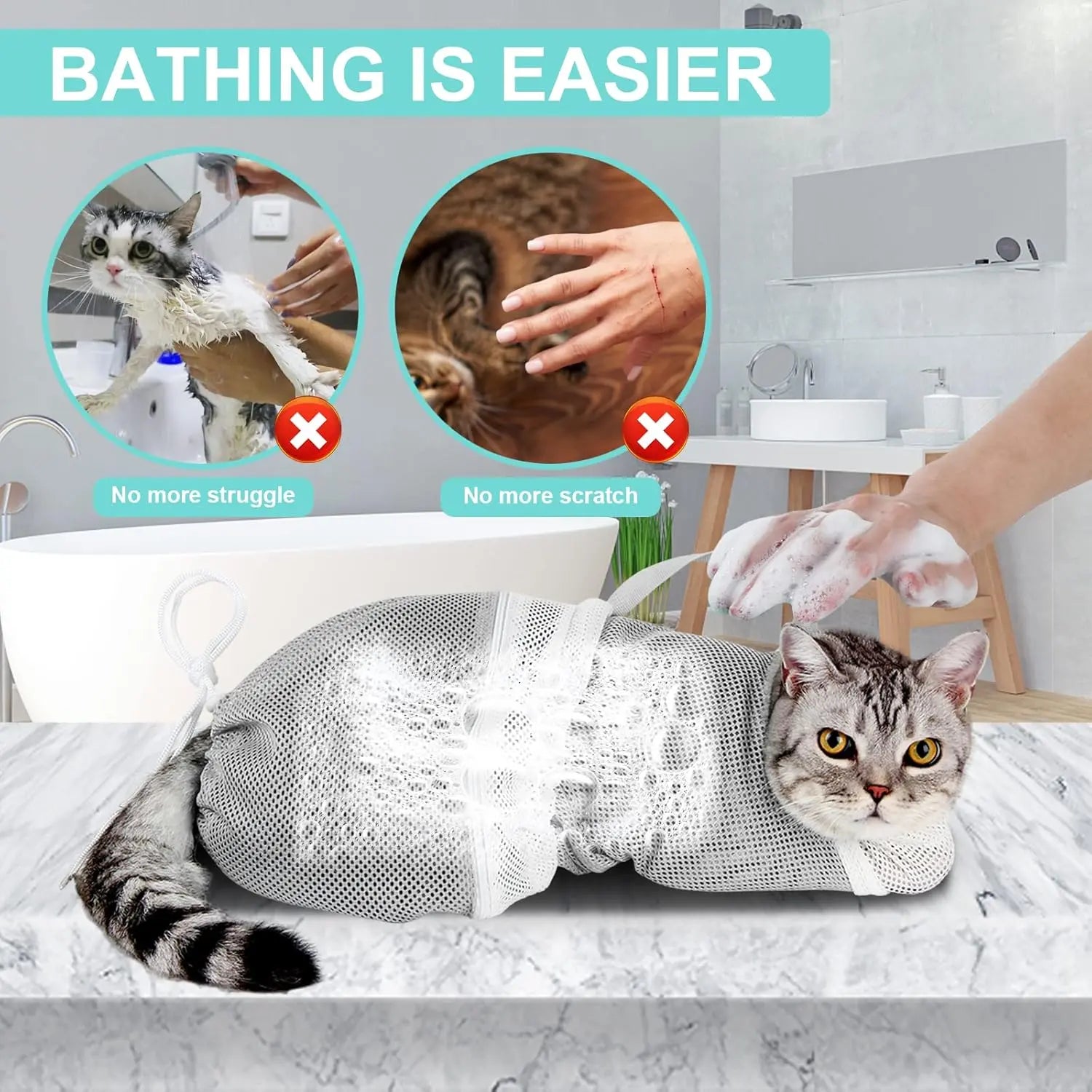 Portable Cat Bathing Mesh Bag - Adjustable Drawstring Design for Safe Grooming, Nail Trimming, and Travel Accessory