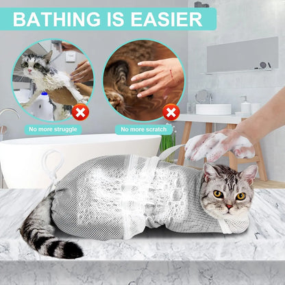 Portable Cat Bathing Mesh Bag - Adjustable Drawstring Design for Safe Grooming, Nail Trimming, and Travel Accessory