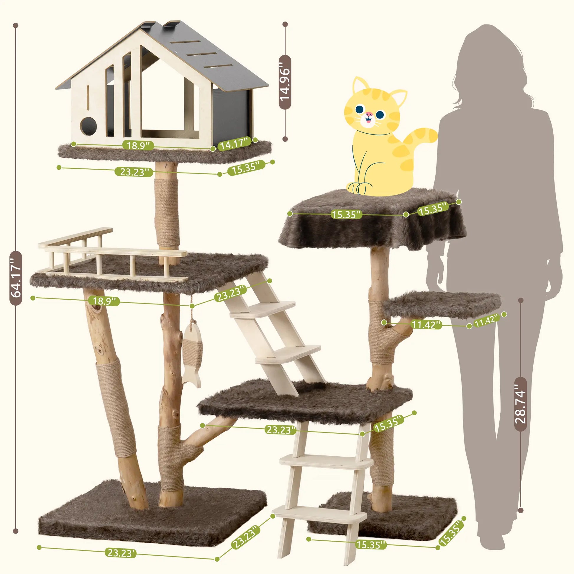 Luxury Multi-Level Cat Tree - Durable Natural Wood with Plush Coverings, Perfect Cat Condo Gift - 64.17''H / 50.39''H