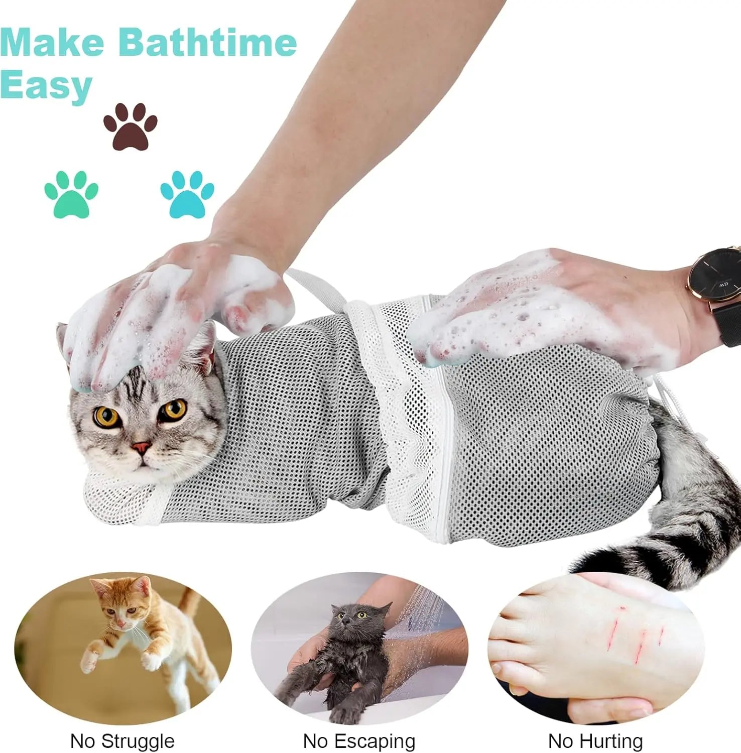 Portable Cat Bathing Mesh Bag - Adjustable Drawstring Design for Safe Grooming, Nail Trimming, and Travel Accessory