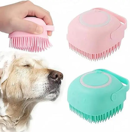 Silicone Pet Bath Brush with Shampoo Dispenser - Perfect Bath Accessory for Dogs & Cats + Ultra-Absorbent Deerskin Towel
