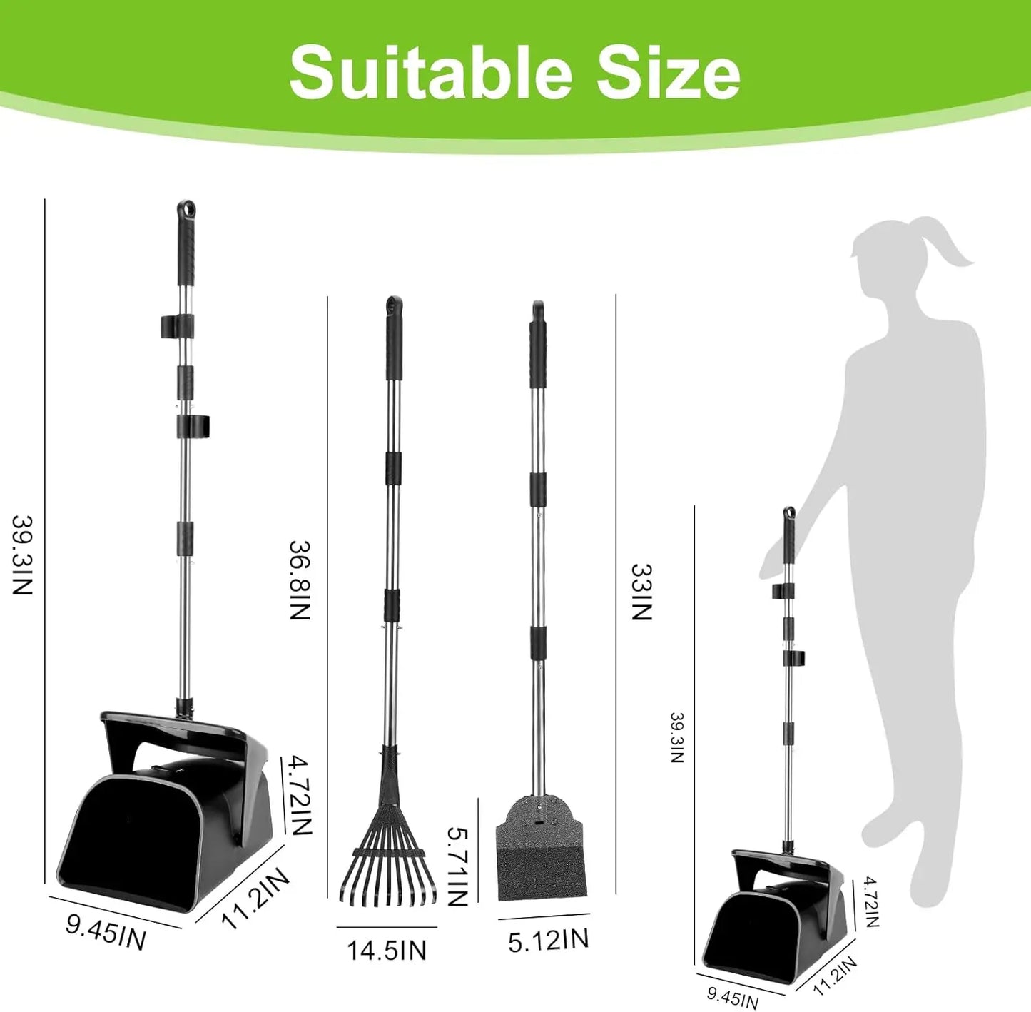 Heavy-Duty Stainless Steel Dog Pooper Scooper with 40" Long Handle, Swivel Bin, Rake, Spade, 20 Waste Bags & Hook - Perfect for All Dog Sizes!