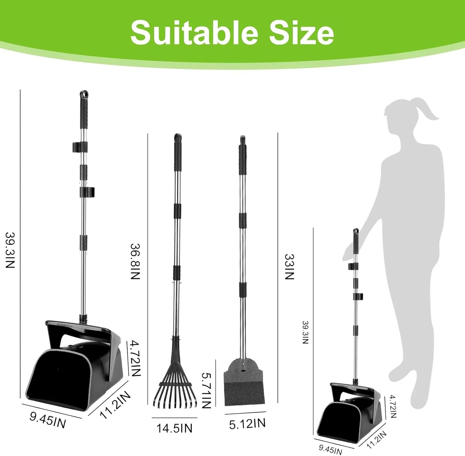 Heavy-Duty Stainless Steel Dog Pooper Scooper with 40" Long Handle, Swivel Bin, Rake, Spade, 20 Waste Bags & Hook - Perfect for All Dog Sizes!