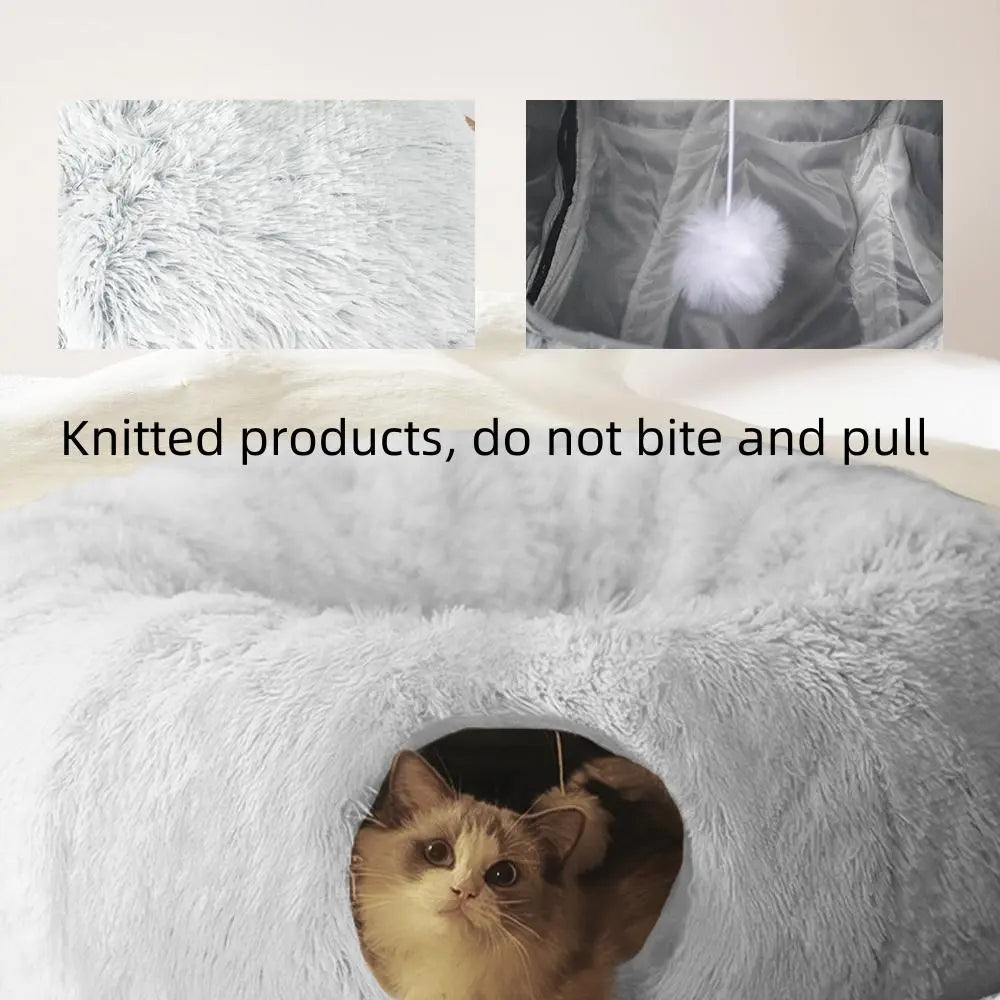 Cozy Plush Two-in-One Cat Tunnel Bed & Nest - Winter Warmth for Multiple Cats, Soft Non-Slip Design