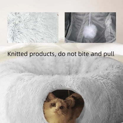 Cozy Plush Two-in-One Cat Tunnel Bed & Nest - Winter Warmth for Multiple Cats, Soft Non-Slip Design