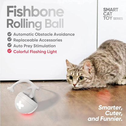 Interactive Fishbone Rolling Ball Cat Toy with Catnip - USB Rechargeable Kicker for Indoor Fun!
