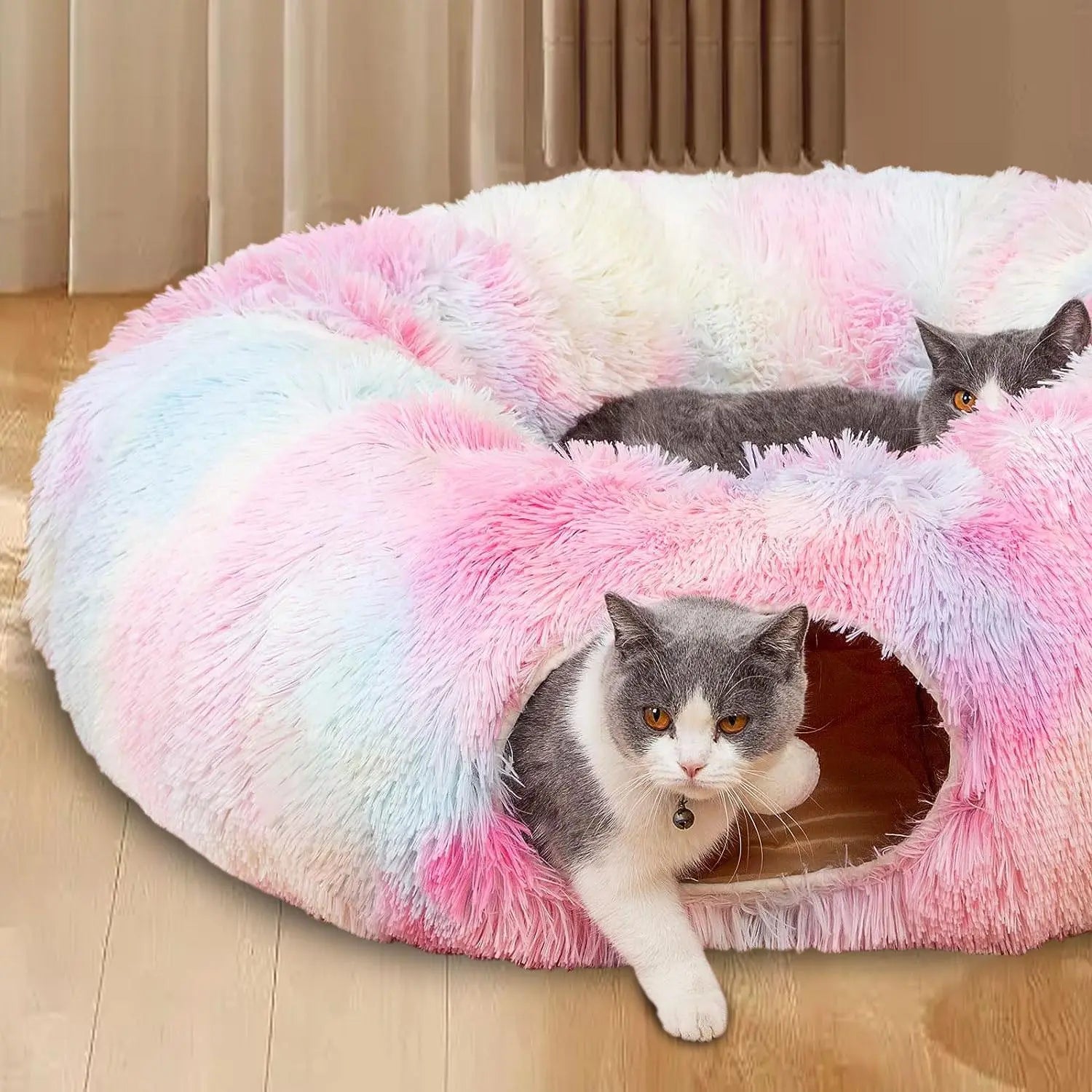 Cozy Plush Two-in-One Cat Tunnel Bed & Nest - Winter Warmth for Multiple Cats, Soft Non-Slip Design