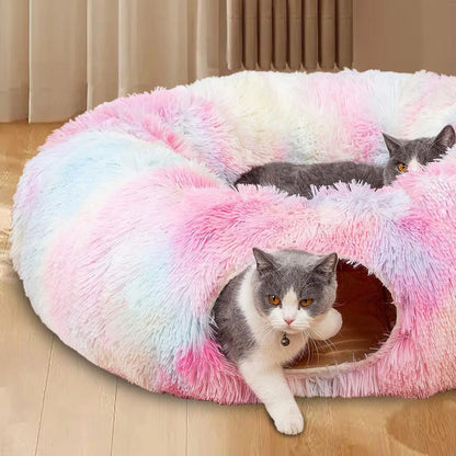 Cozy Plush Two-in-One Cat Tunnel Bed & Nest - Winter Warmth for Multiple Cats, Soft Non-Slip Design