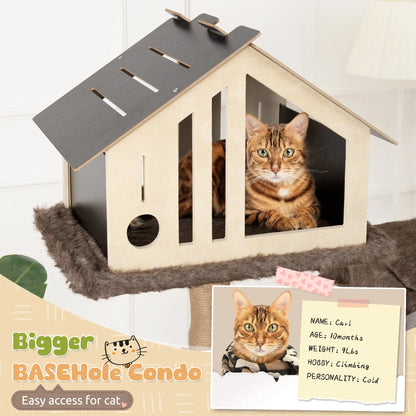 Luxury Multi-Level Cat Tree - Durable Natural Wood with Plush Coverings, Perfect Cat Condo Gift - 64.17''H / 50.39''H