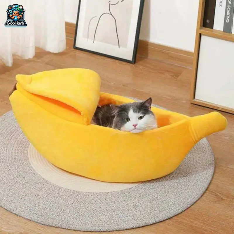 Cozy Banana Cat Bed - Adorable Soft Cuddle House for Cats, Kittens, Rabbits & Small Dogs - Perfect Yellow Pet Bed!
