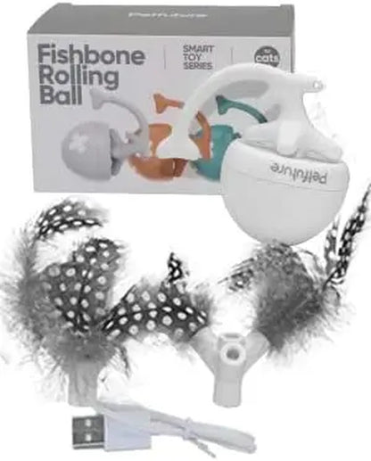Interactive Fishbone Rolling Ball Cat Toy with Catnip - USB Rechargeable Kicker for Indoor Fun!