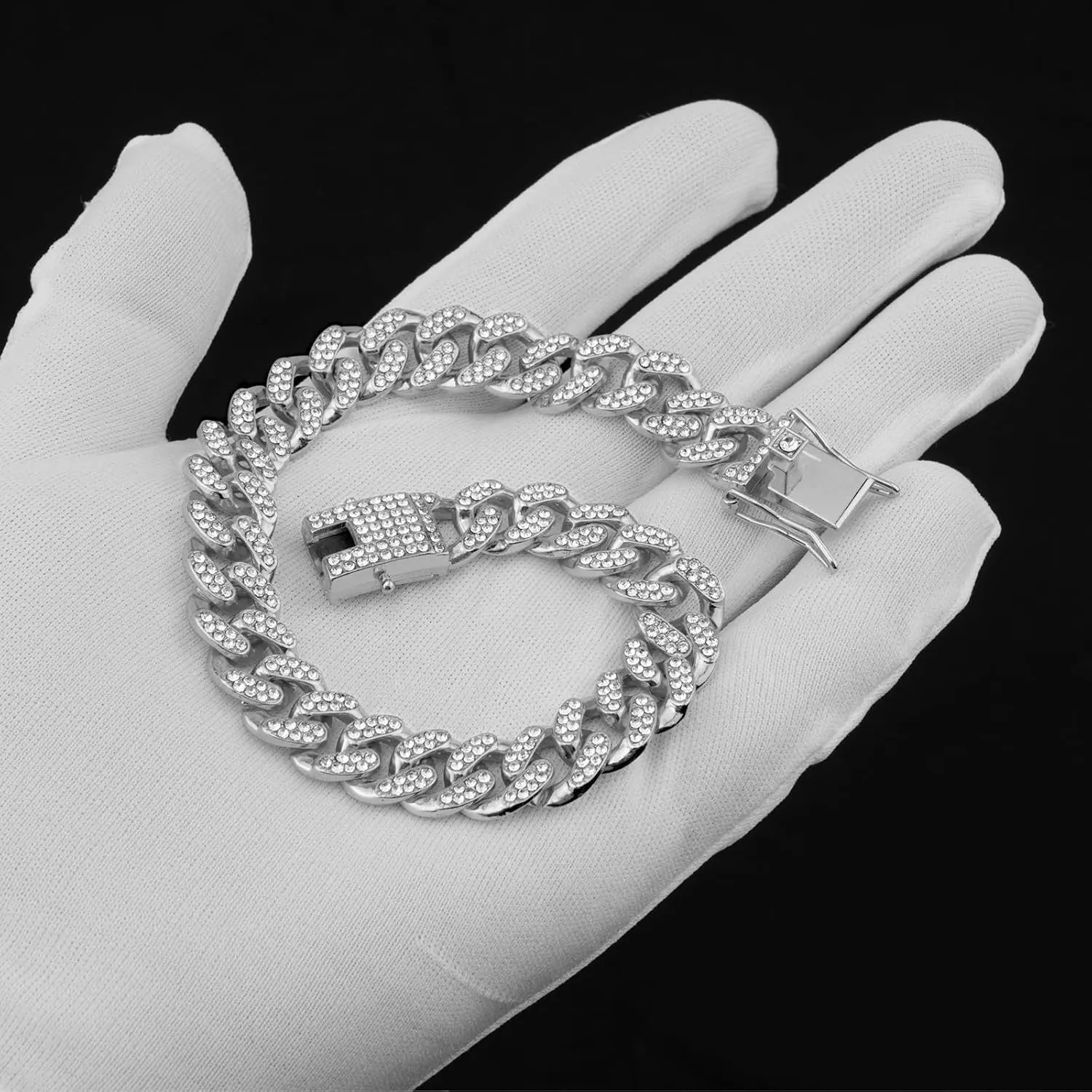 Stylish Silver Diamond Cuban Link Dog Collar - 16 Inch Metal Chain Necklace for Large, Medium & Small Dogs and Cats