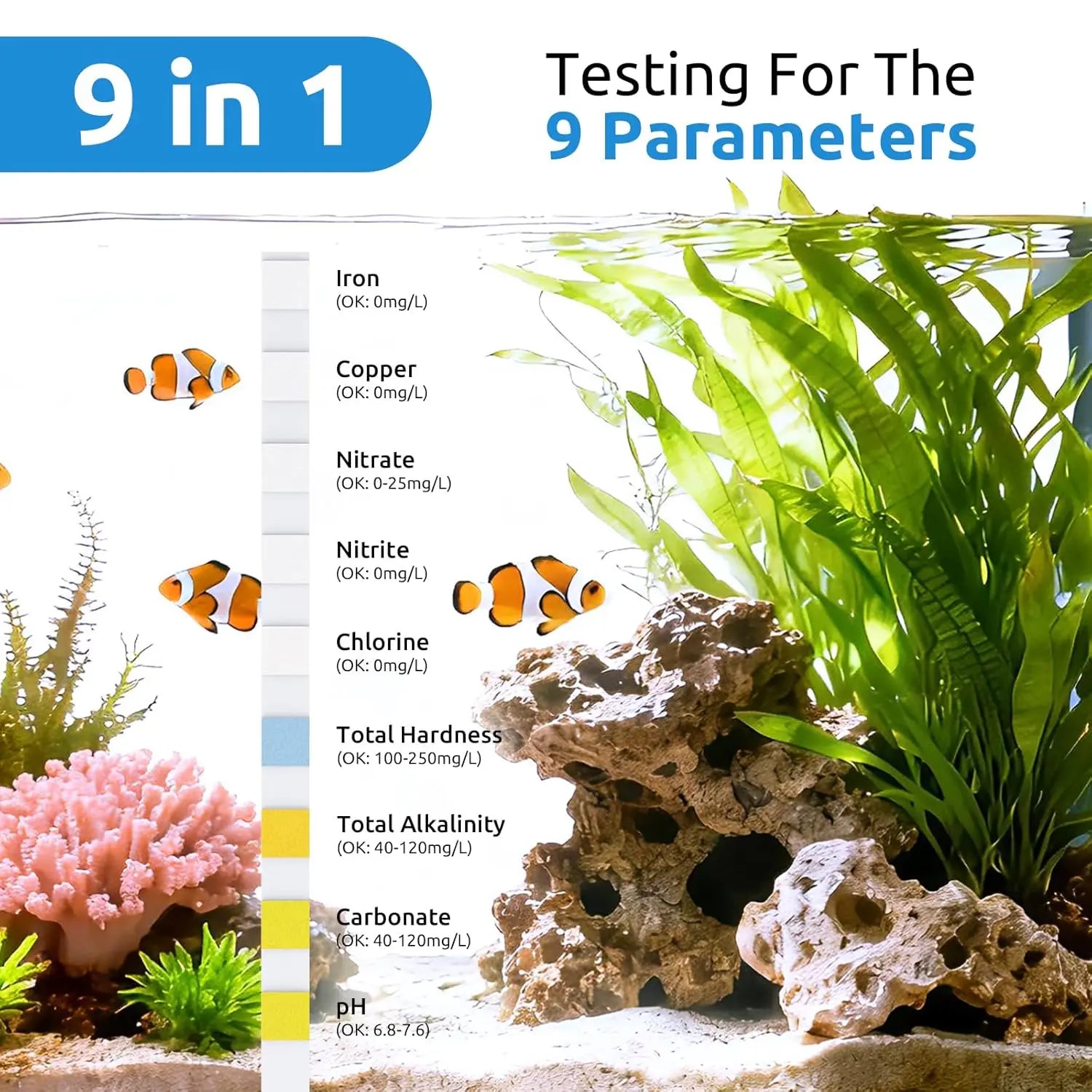 Comprehensive 9-In-1 Aquarium Test Strips - Fast & Accurate Water Testing for Ammonia, Nitrate, pH, Chlorine & More (65 & 135 Ct)