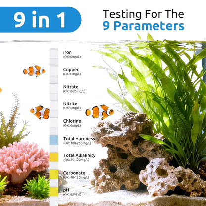 Comprehensive 9-In-1 Aquarium Test Strips - Fast & Accurate Water Testing for Ammonia, Nitrate, pH, Chlorine & More (65 & 135 Ct)