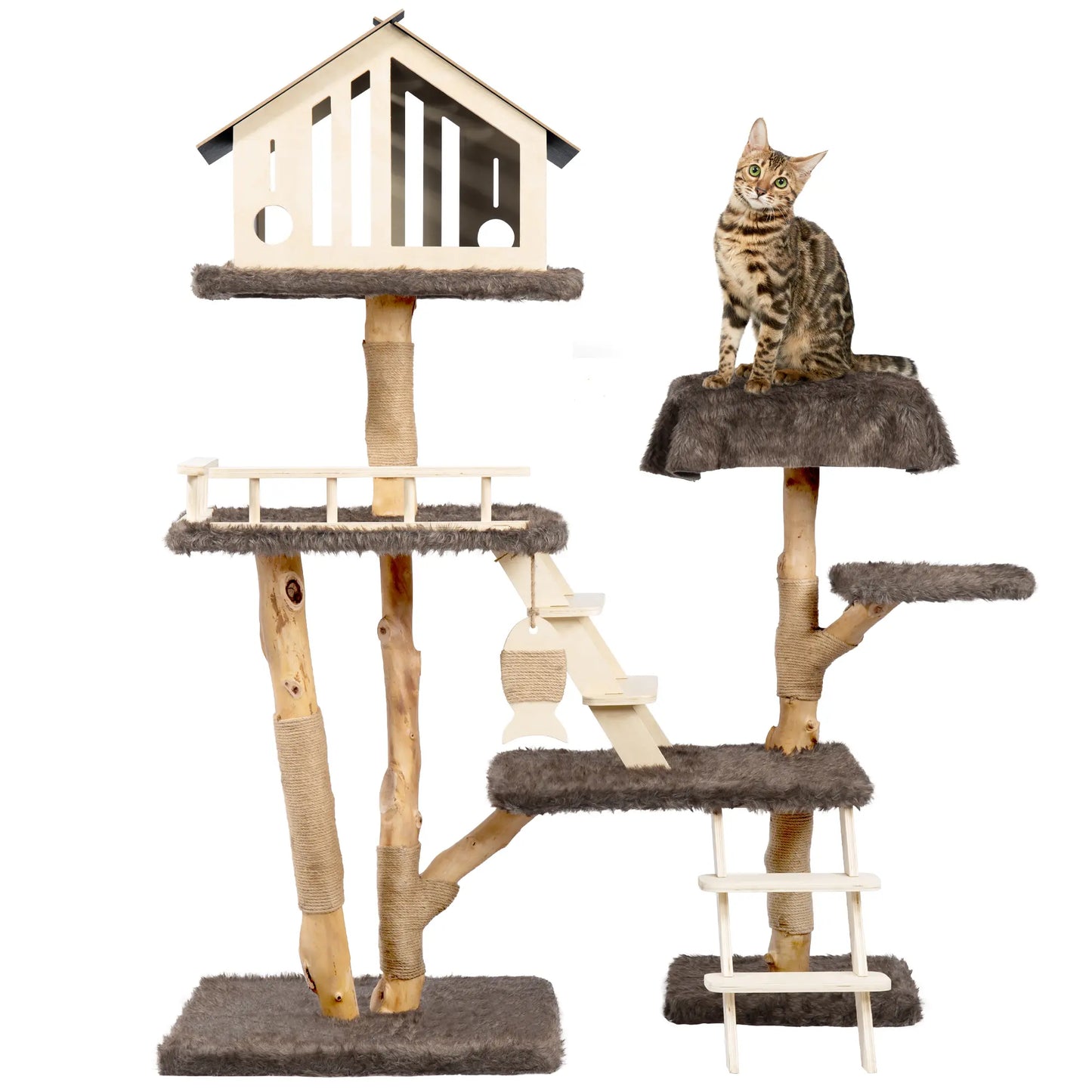 Luxury Multi-Level Cat Tree - Durable Natural Wood with Plush Coverings, Perfect Cat Condo Gift - 64.17''H / 50.39''H