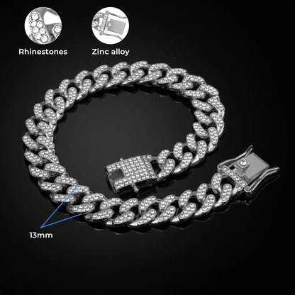 Stylish Silver Diamond Cuban Link Dog Collar - 16 Inch Metal Chain Necklace for Large, Medium & Small Dogs and Cats