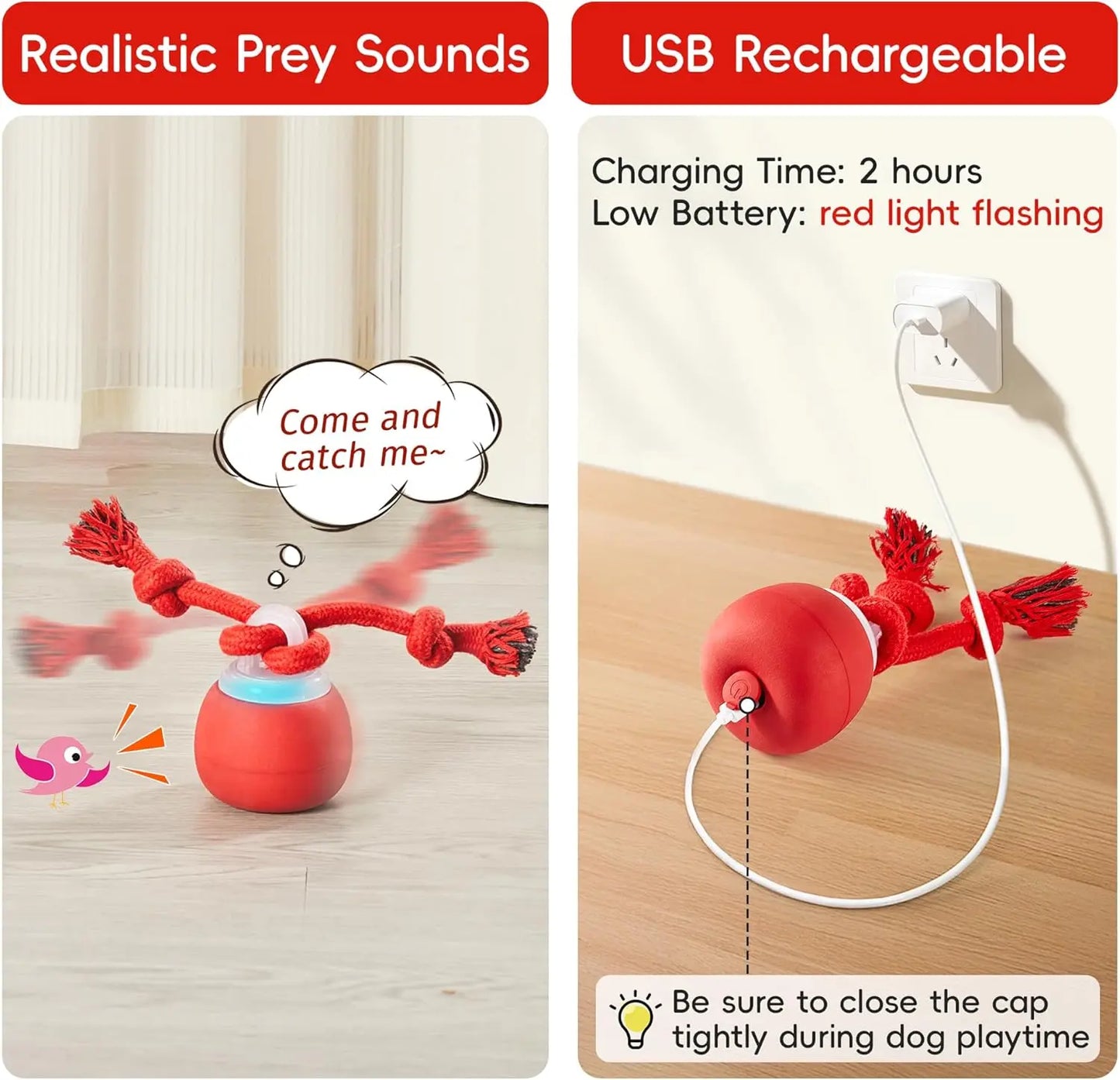 Crazy Ball - Rechargeable Squeaky Toy with Rope for Small & Medium Dogs - Perfect for Playtime & Training - Dark Red