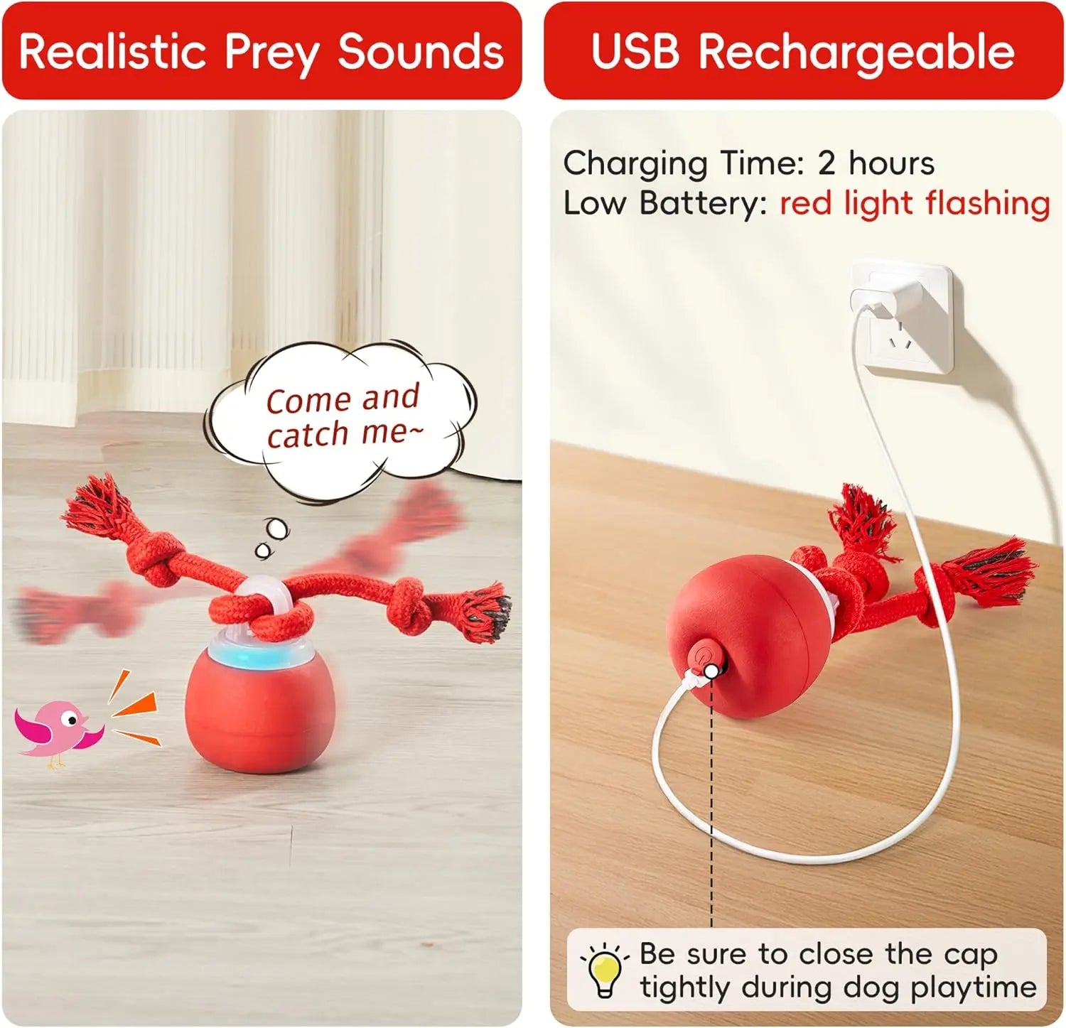Crazy Ball - Rechargeable Squeaky Toy with Rope for Small & Medium Dogs - Perfect for Playtime & Training - Dark Red