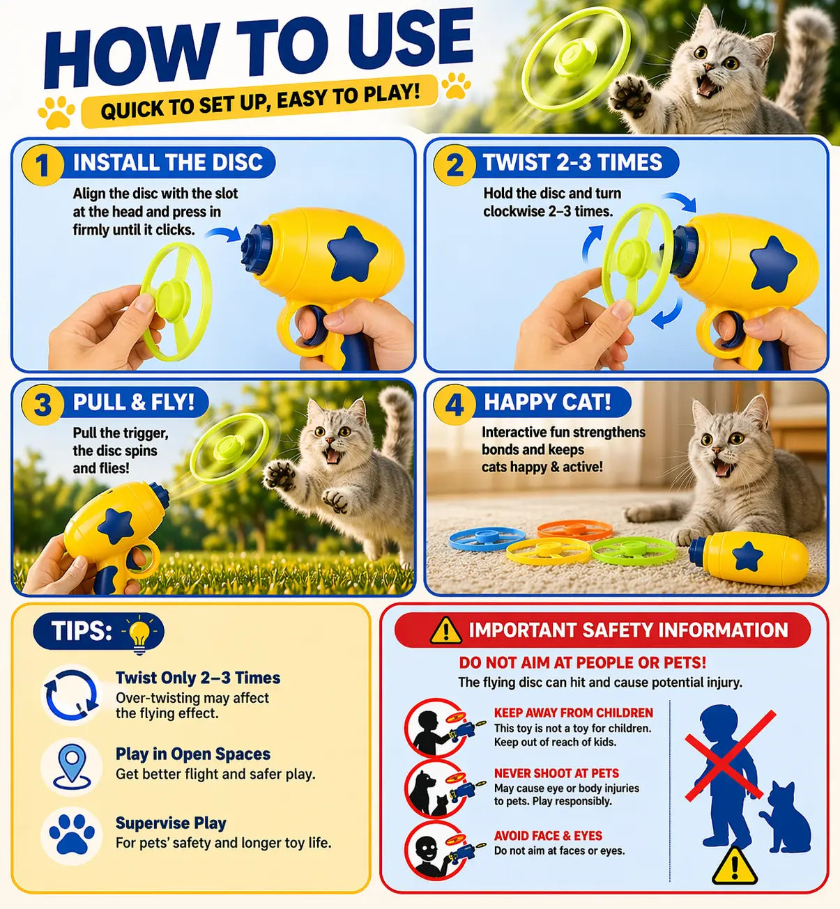 Engaging 6-Piece Interactive Cat Toy Set - Flying Disc & One-Click Spinner for Indoor Fun & Exercise