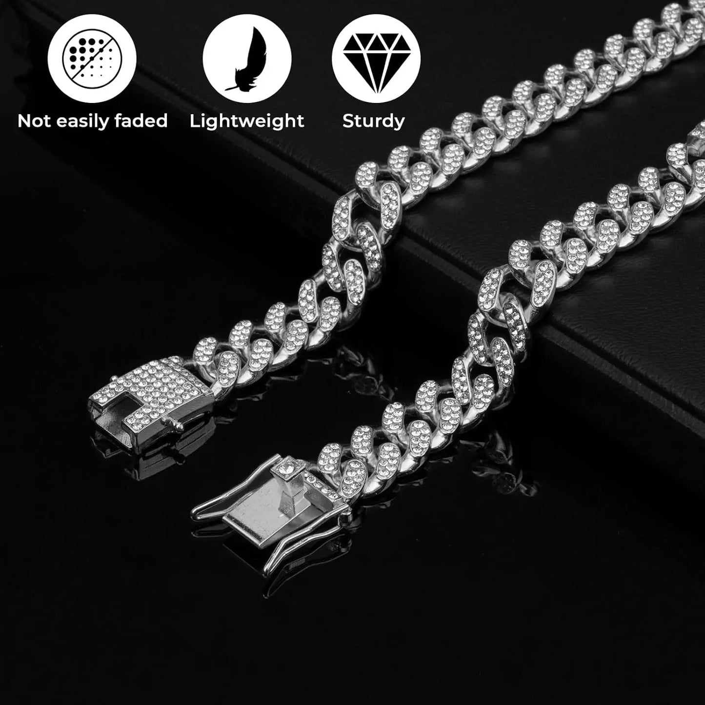Stylish Silver Diamond Cuban Link Dog Collar - 16 Inch Metal Chain Necklace for Large, Medium & Small Dogs and Cats