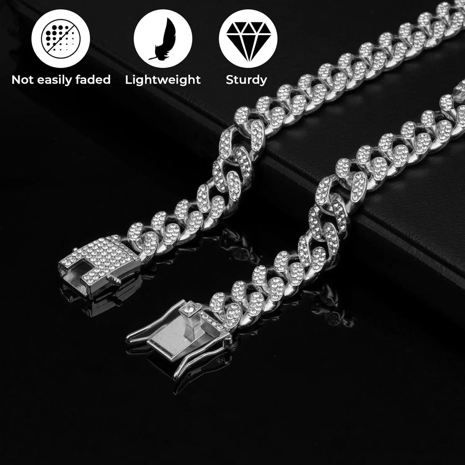 Stylish Silver Diamond Cuban Link Dog Collar - 16 Inch Metal Chain Necklace for Large, Medium & Small Dogs and Cats