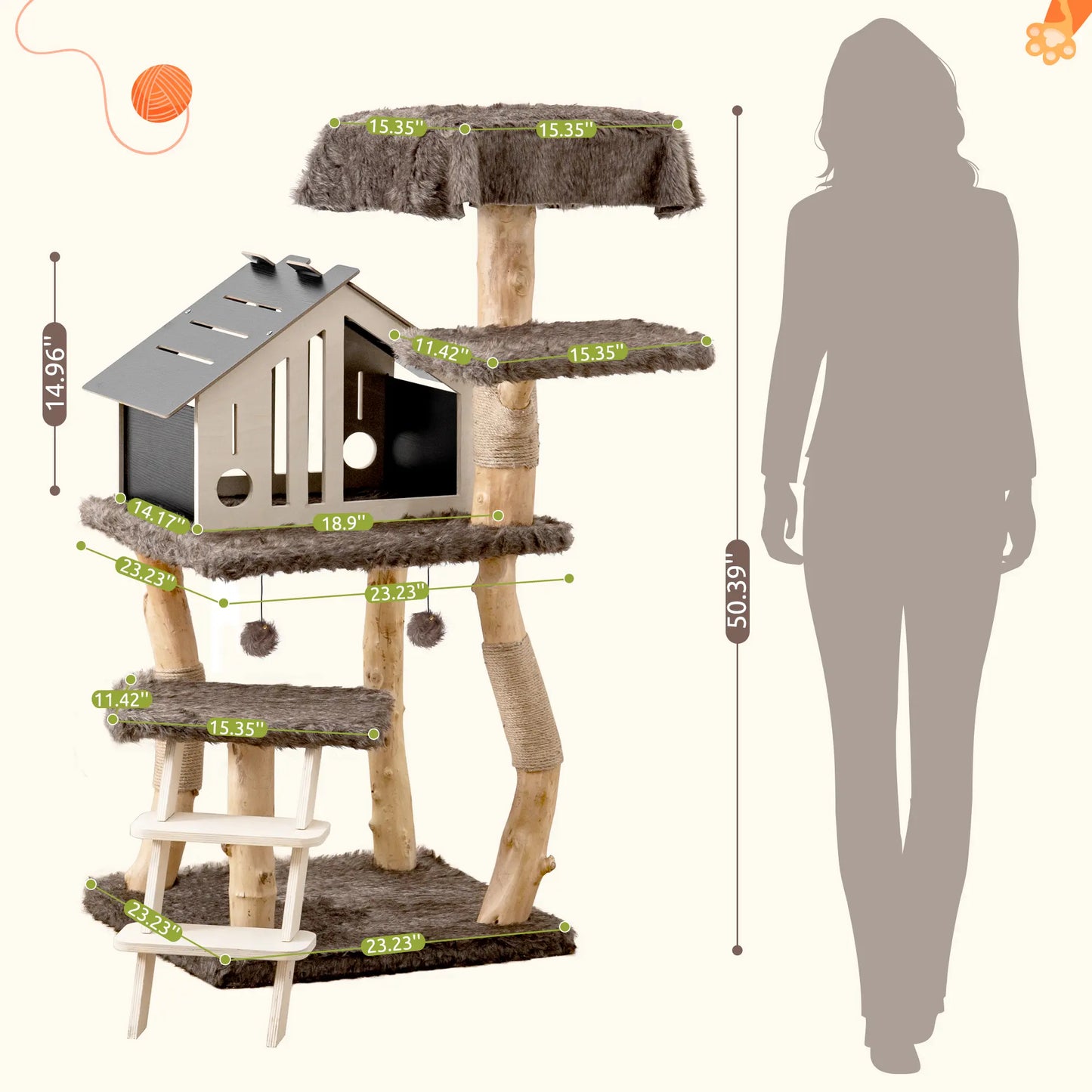 Luxury Multi-Level Cat Tree - Durable Natural Wood with Plush Coverings, Perfect Cat Condo Gift - 64.17''H / 50.39''H