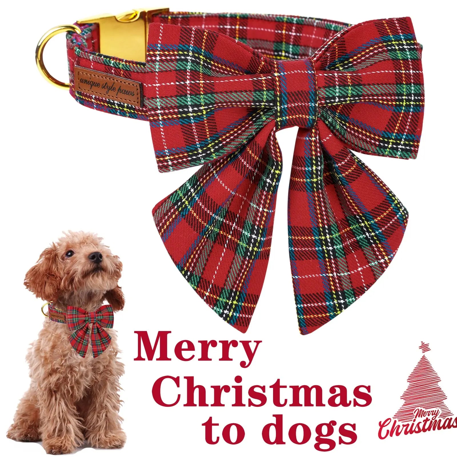 Festive Plaid Dog Collar with Bow Tie - Adjustable Christmas Scottish Tartan for Small to Large Dogs, Perfect Holiday Gift!