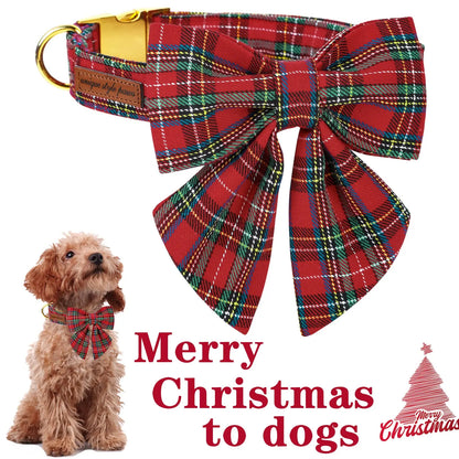 Festive Plaid Dog Collar with Bow Tie - Adjustable Christmas Scottish Tartan for Small to Large Dogs, Perfect Holiday Gift!