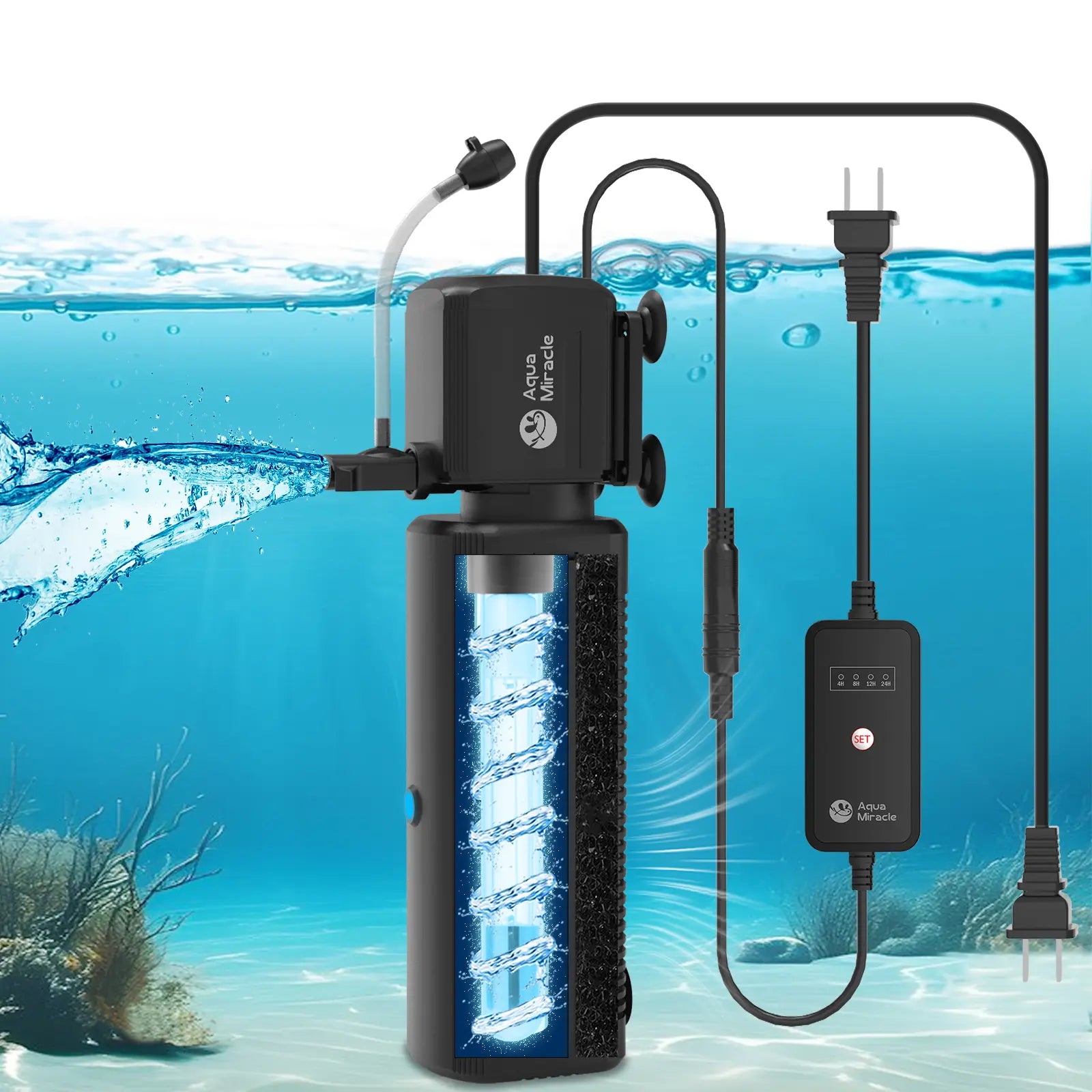 Aquamiracle U-V Light Aquarium Filter with Timer & Aeration - Perfect for Crystal Clear Fish Tanks and Turtles!