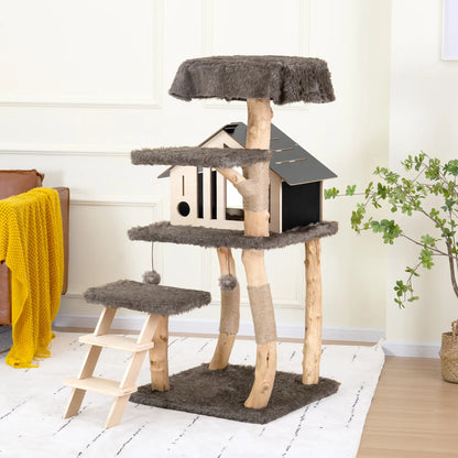 Luxury Multi-Level Cat Tree - Durable Natural Wood with Plush Coverings, Perfect Cat Condo Gift - 64.17''H / 50.39''H