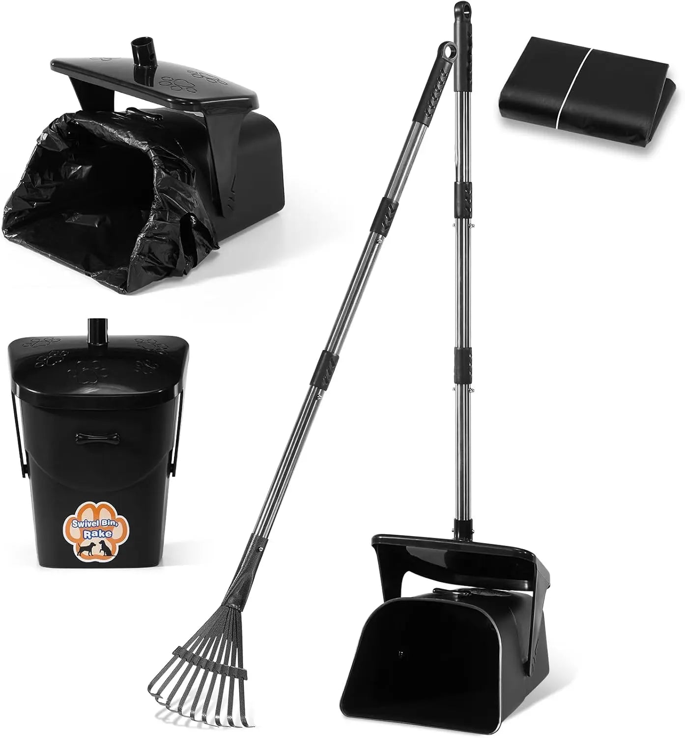 Heavy-Duty Stainless Steel Dog Pooper Scooper with 40" Long Handle, Swivel Bin, Rake, Spade, 20 Waste Bags & Hook - Perfect for All Dog Sizes!