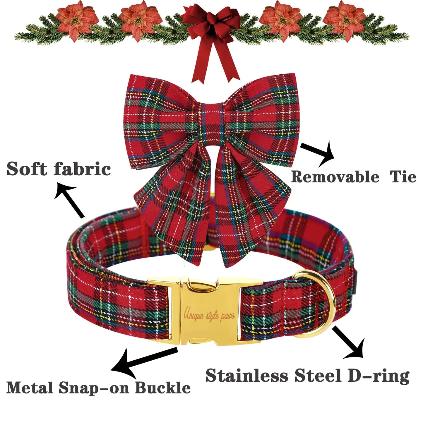Festive Plaid Dog Collar with Bow Tie - Adjustable Christmas Scottish Tartan for Small to Large Dogs, Perfect Holiday Gift!
