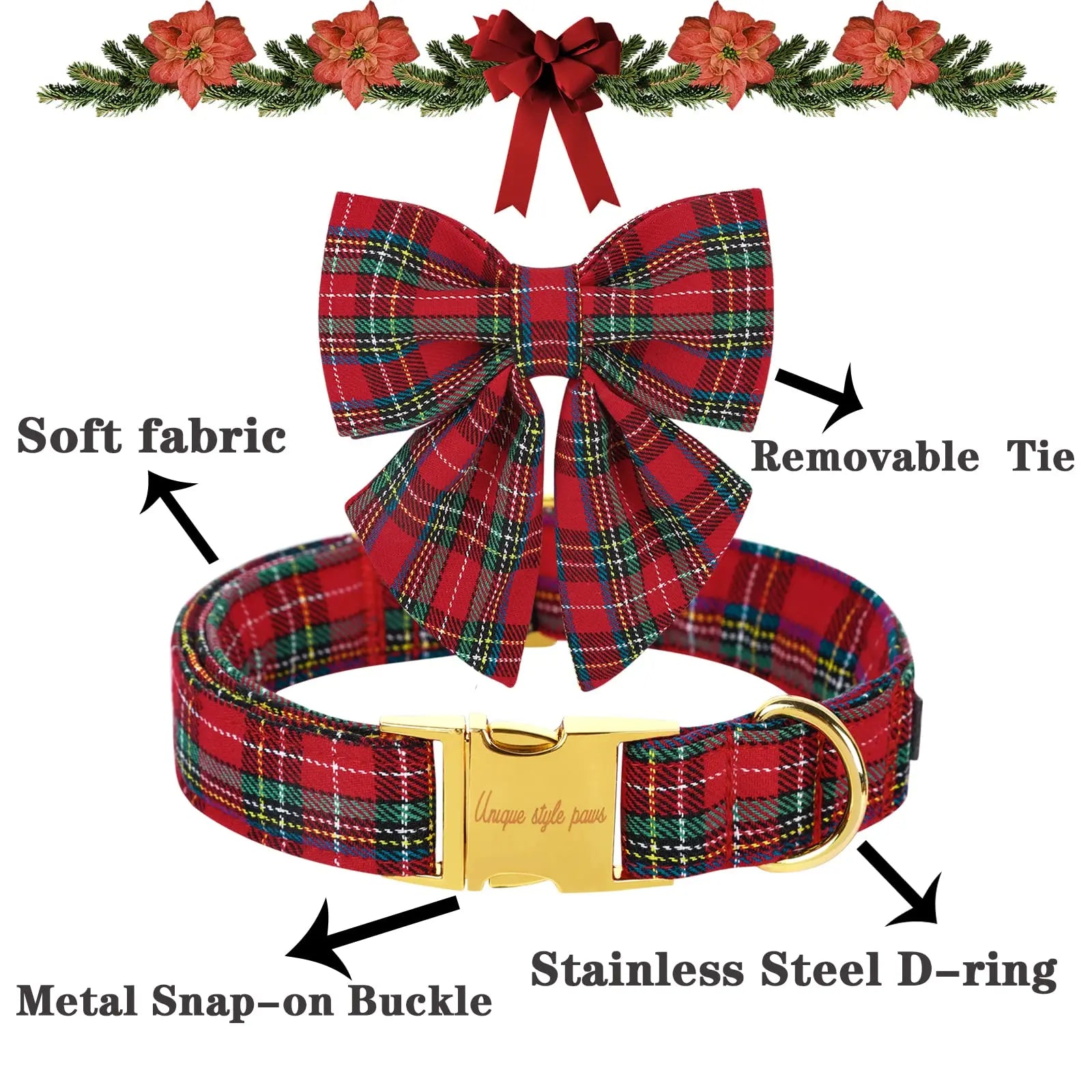 Festive Plaid Dog Collar with Bow Tie - Adjustable Christmas Scottish Tartan for Small to Large Dogs, Perfect Holiday Gift!