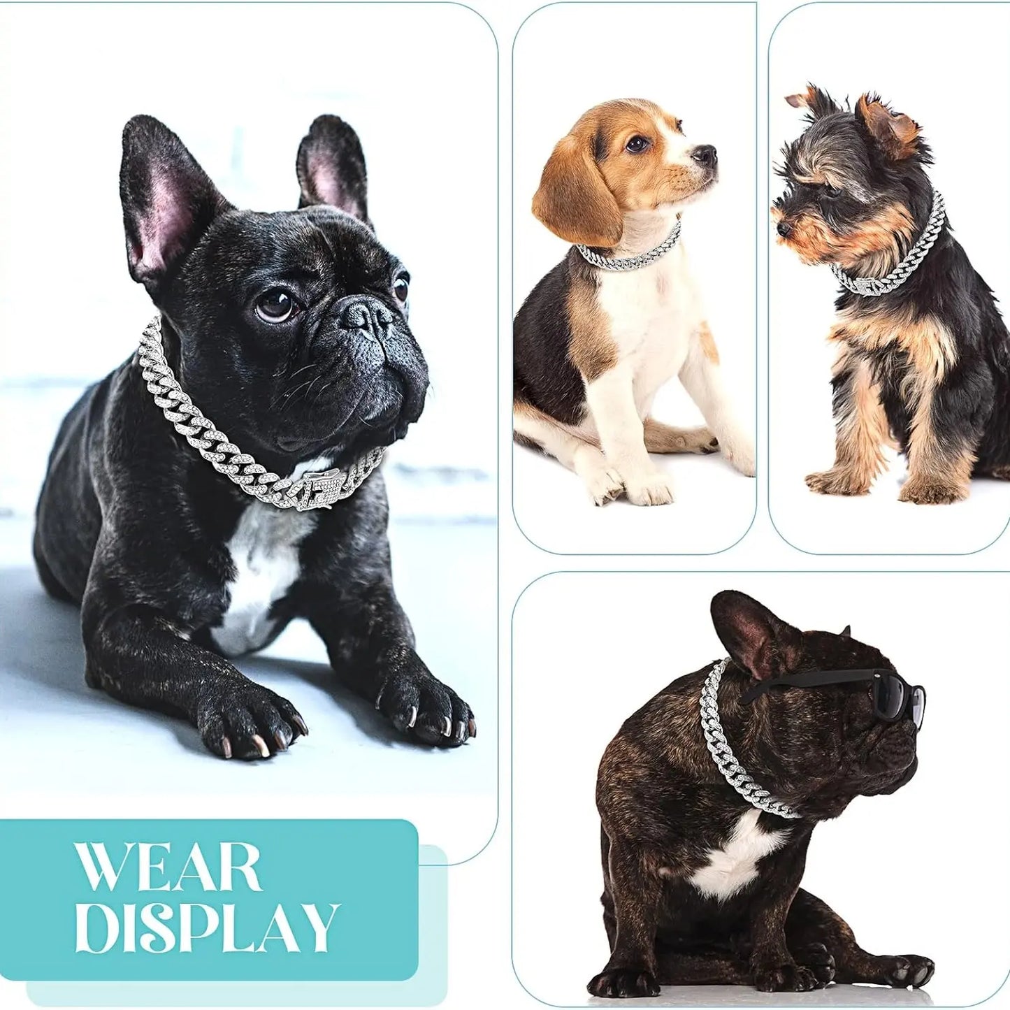 Stylish Silver Diamond Cuban Link Dog Collar - 16 Inch Metal Chain Necklace for Large, Medium & Small Dogs and Cats