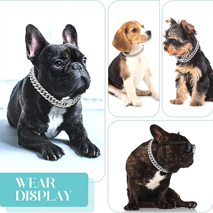 Stylish Silver Diamond Cuban Link Dog Collar - 16 Inch Metal Chain Necklace for Large, Medium & Small Dogs and Cats