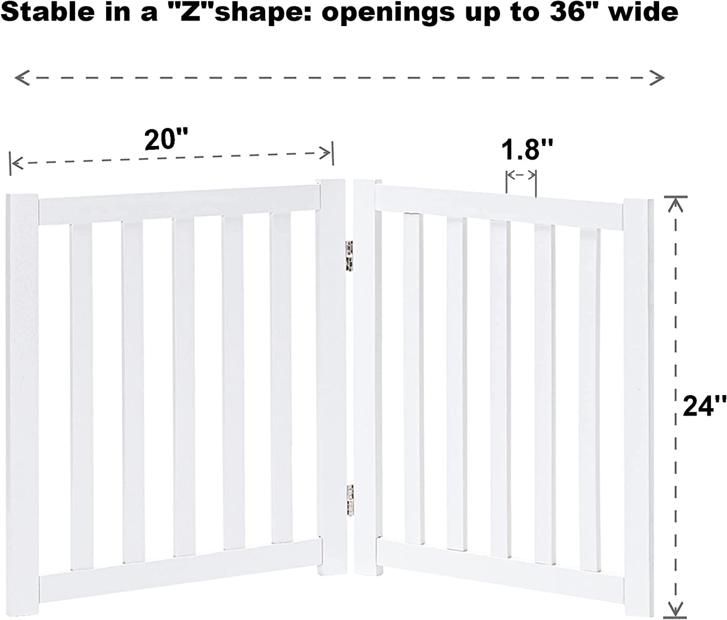 2-Panel Wooden Free Standing Foldable Dog Gate Indoor – Solid Hardwood 24" High, Step-Over Safety Pet Gate for Doorways, Stairs & Small Spaces - Indoor Use, White