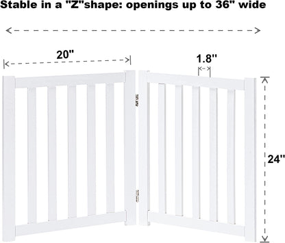 2-Panel Wooden Free Standing Foldable Dog Gate Indoor – Solid Hardwood 24" High, Step-Over Safety Pet Gate for Doorways, Stairs & Small Spaces - Indoor Use, White