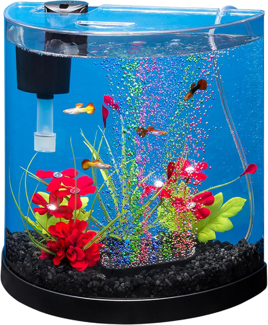 Half-Moon 3 Gallon Starter Fish Tank Kit | Aquarium Kit Includes Bubbling LED Air Stone, 3 Gallon Acrylic Tank, Filter & Cartridge, Air Pump, for Small Freshwater Fish
