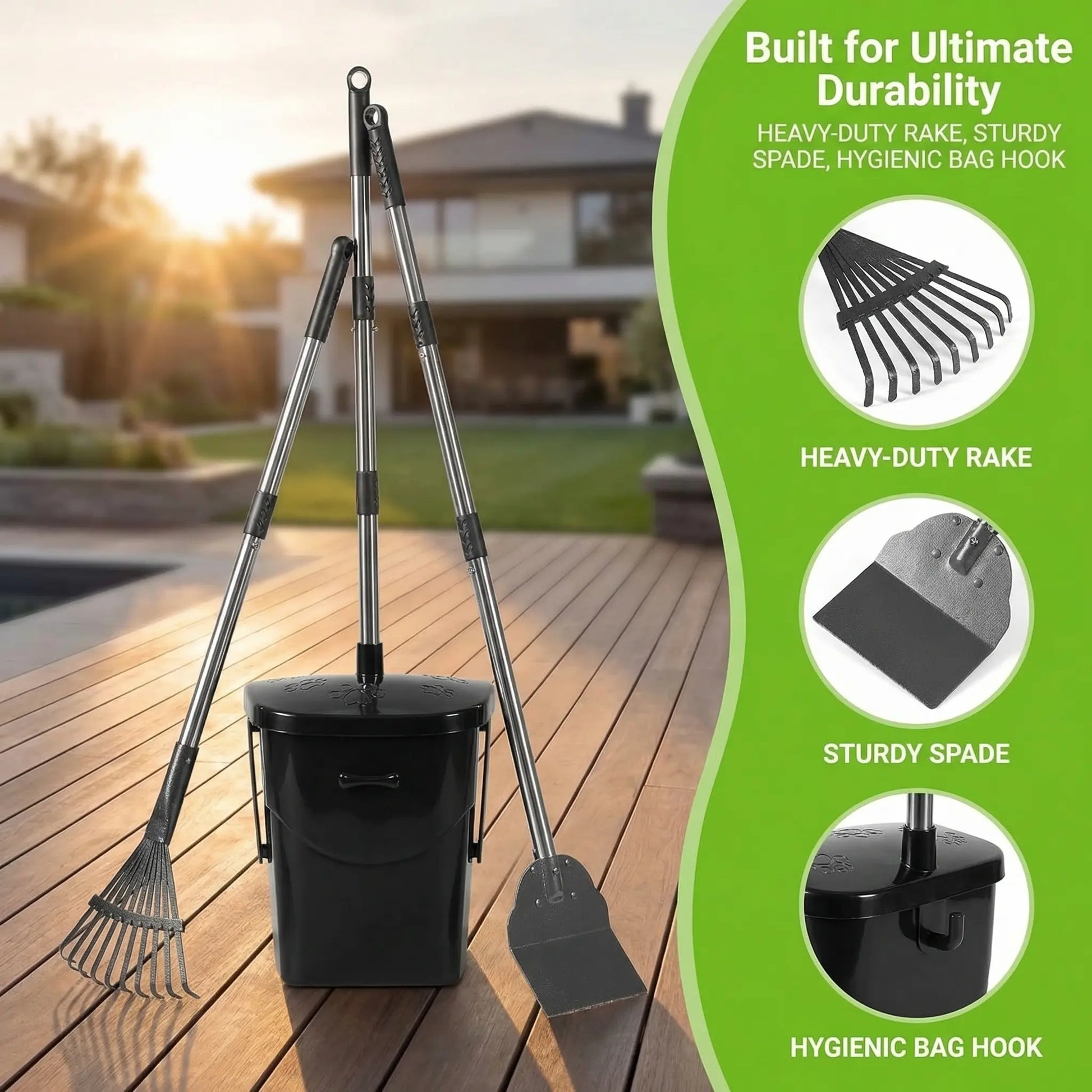Heavy-Duty Stainless Steel Dog Pooper Scooper with 40" Long Handle, Swivel Bin, Rake, Spade, 20 Waste Bags & Hook - Perfect for All Dog Sizes!
