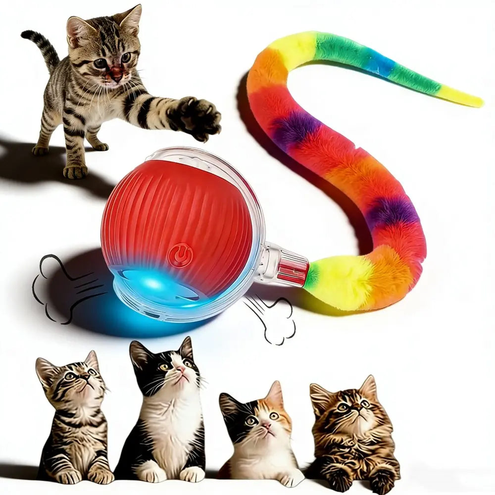 Interactive Silicone Pet Rolling Ball - Smart Obstacle Avoidance Toy with Colorful Plush Tail for Cats and Dogs