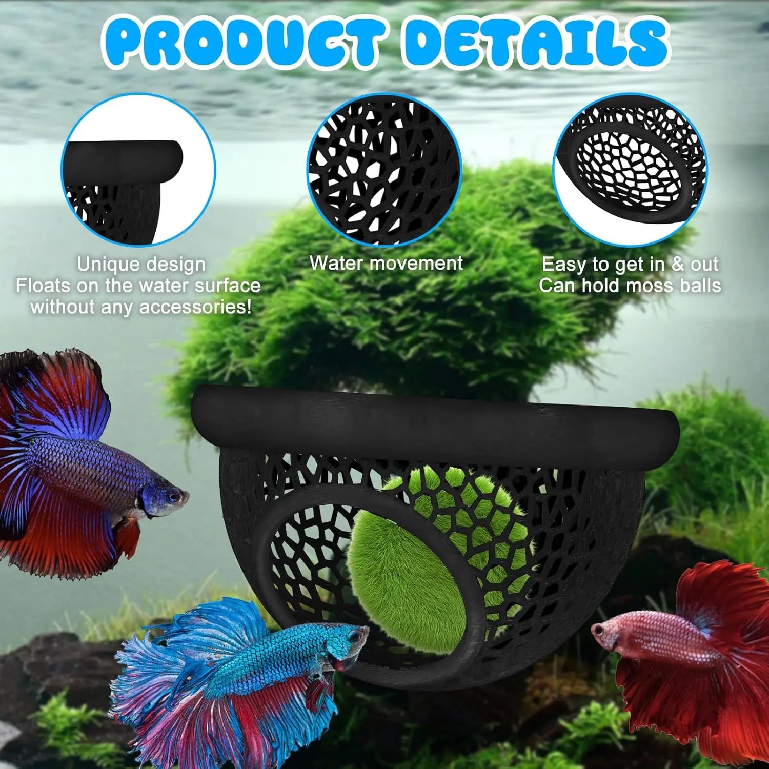 Floating Betta Hide & Shrimp Cave - Multi-Functional Hammock and Feeding Ring for Betta Fish, Shrimp & Small Aquatic Pets
