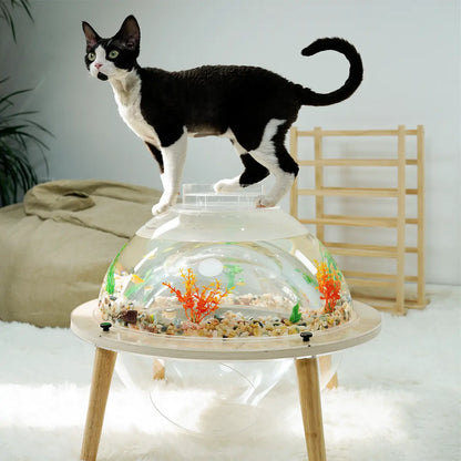 Cat Fish Tank & House Combo - Stylish Wooden Acrylic Aquarium Cat Bed with Decor | Perfect Indoor Gift for Cats