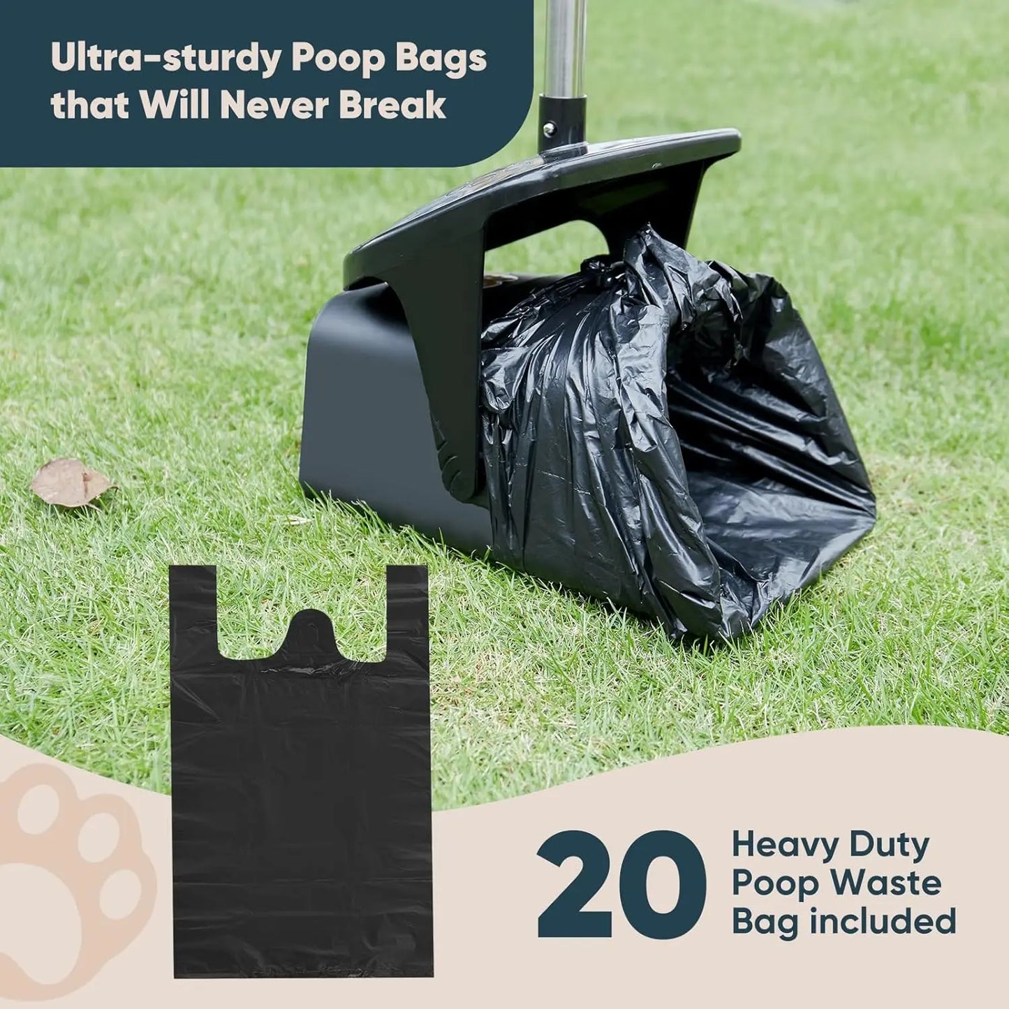 Heavy-Duty Stainless Steel Dog Pooper Scooper with 40" Long Handle, Swivel Bin, Rake, Spade, 20 Waste Bags & Hook - Perfect for All Dog Sizes!
