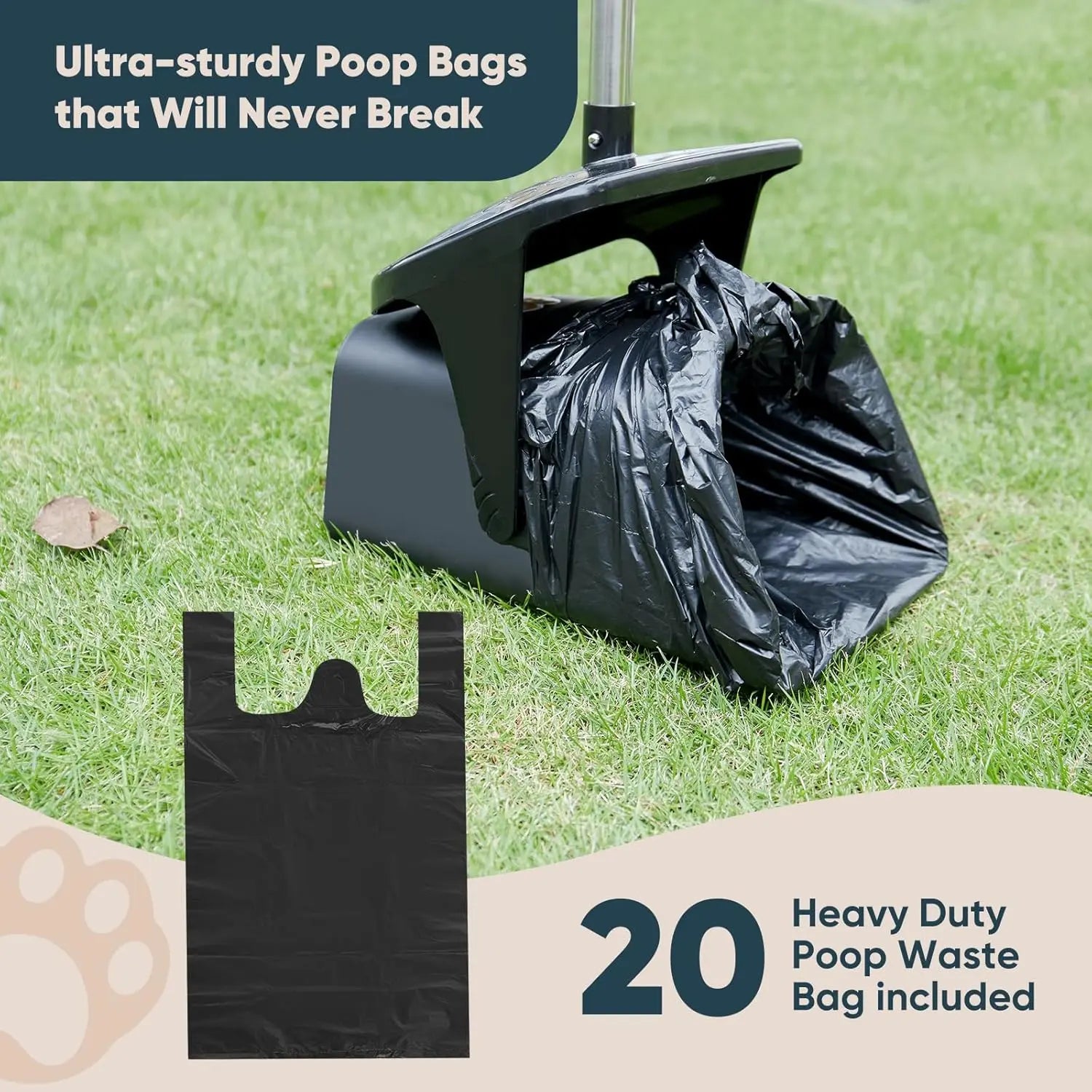 Heavy-Duty Stainless Steel Dog Pooper Scooper with 40" Long Handle, Swivel Bin, Rake, Spade, 20 Waste Bags & Hook - Perfect for All Dog Sizes!