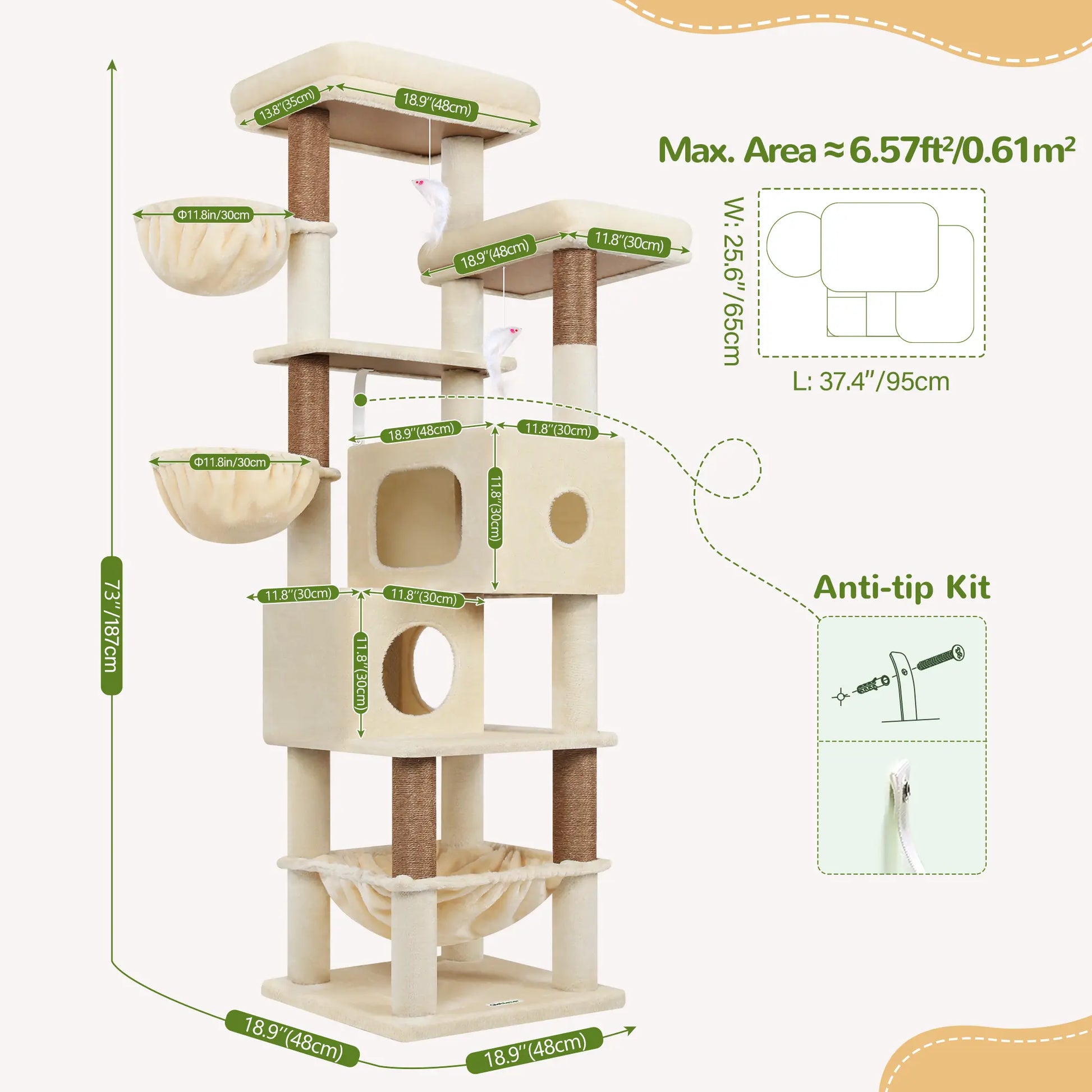 Globlazer S73 - Extra Large 73" Cat Tree Condo with Multi-Level Shelves & 5 Scratching Posts for Ultimate Cat Relaxation