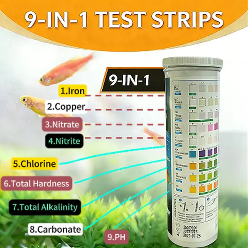 Comprehensive 9-In-1 Aquarium Test Strips - Fast & Accurate Water Testing for Ammonia, Nitrate, pH, Chlorine & More (65 & 135 Ct)