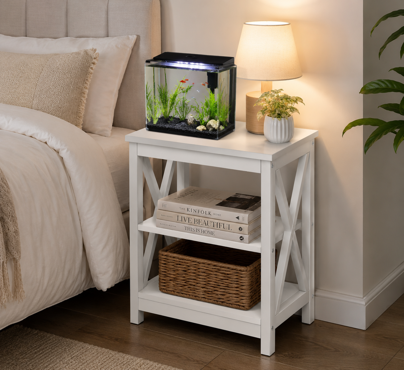 Keep Pet Clutter Stylishly Organized – Modern X-Design Nightstand with Storage Shelf